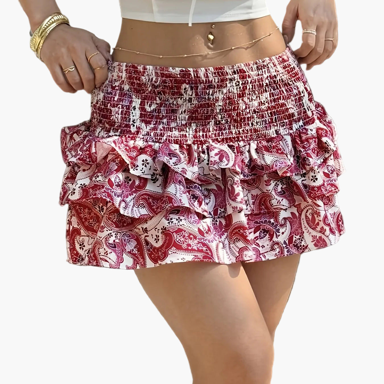 Damen Minirock mit Volants und Paisley-Muster – Sommer Urlaub Stil