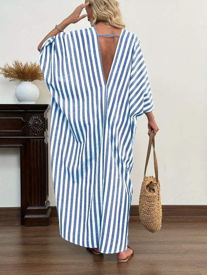 Dame kaftan maxikjole – stripete oversized sommerkjole i resortstil for strand og ferie