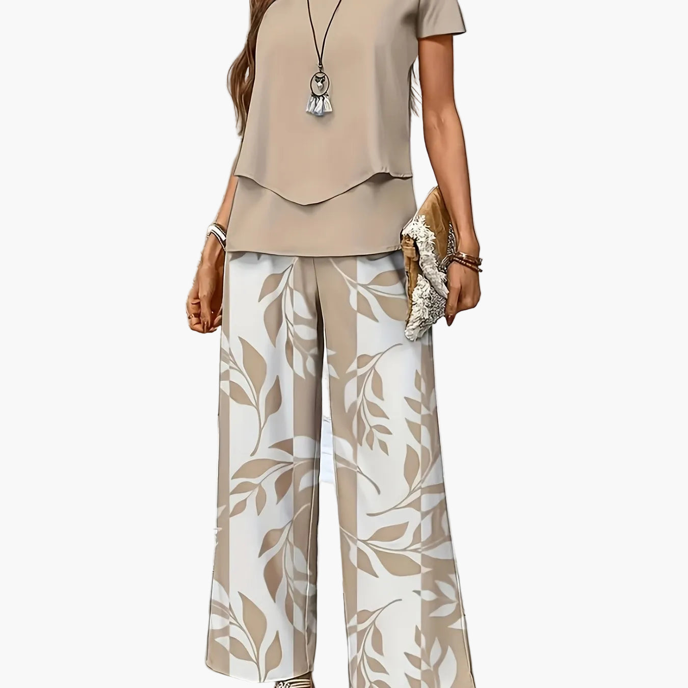 Damen Elegantes Sommer-Set mit Kurzarm-Shirt und weiter Hose, Freizeit-Outfit, Modernes Muster