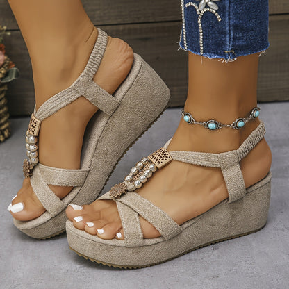 Sandali con plateau da donna stile vintage con cinturino a T e decorazioni di perle – Scarpe estive comode per tutti i giorni e il tempo libero