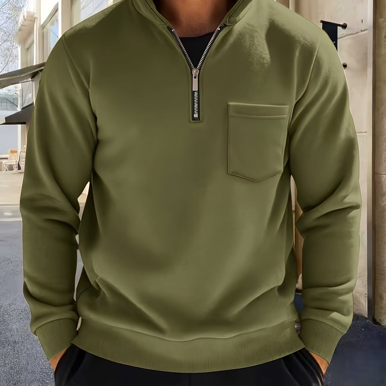Heren-sweatshirt met halve ritssluiting, opstaande kraag en borstzak, donkergrijs