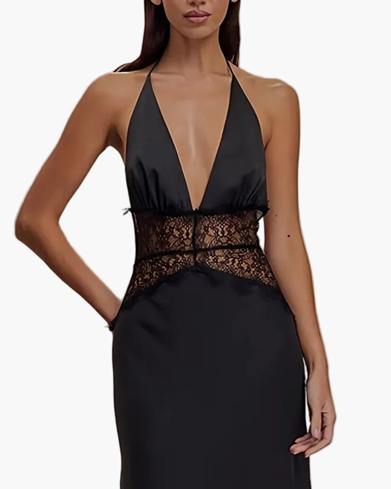 Vestido de noche elegante para mujer, corte ajustado y acampanado con encaje y escote en V profundo para ocasiones festivas