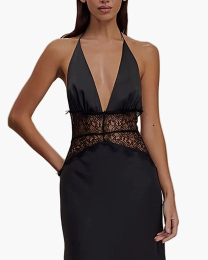 Vestido de noche elegante para mujer, corte ajustado y acampanado con encaje y escote en V profundo para ocasiones festivas