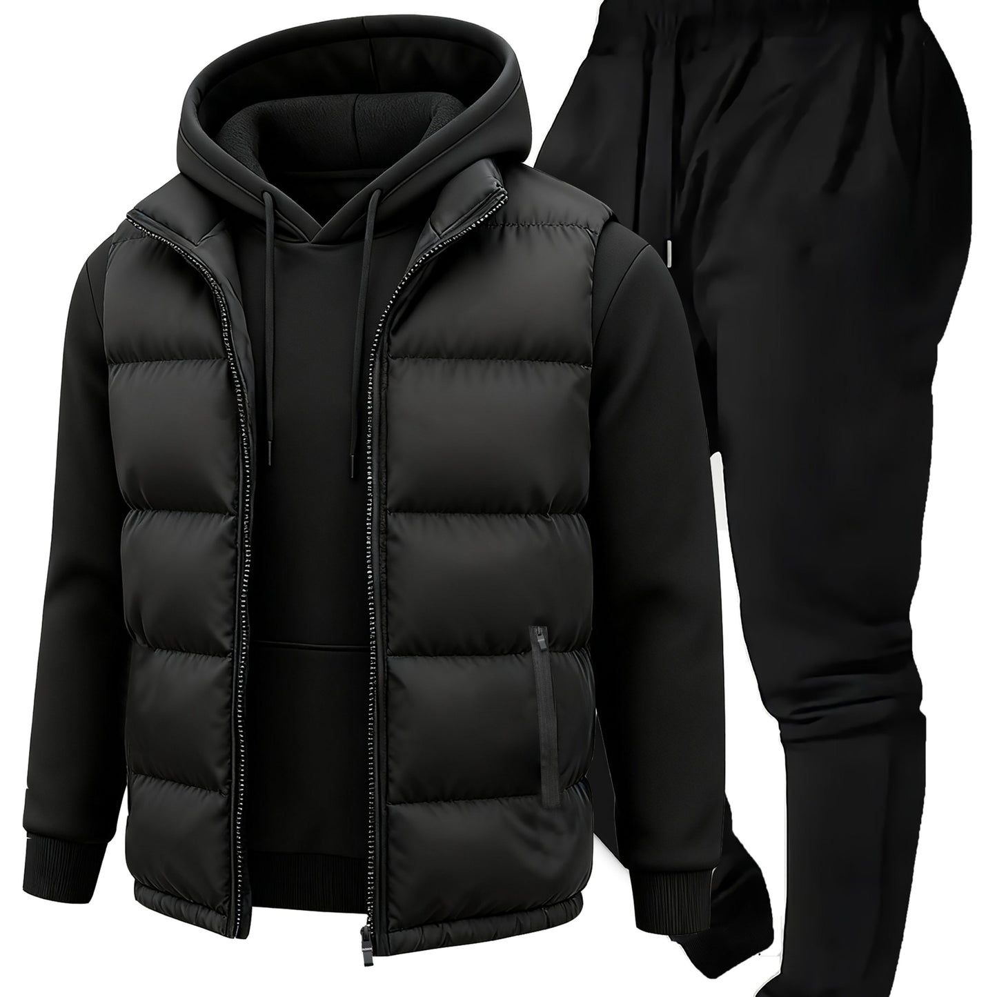 Herren Jogginganzug Set mit Hoodie, Hose und Weste, Schwarz