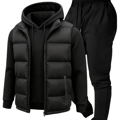 Herren Jogginganzug Set mit Hoodie, Hose und Weste, Schwarz