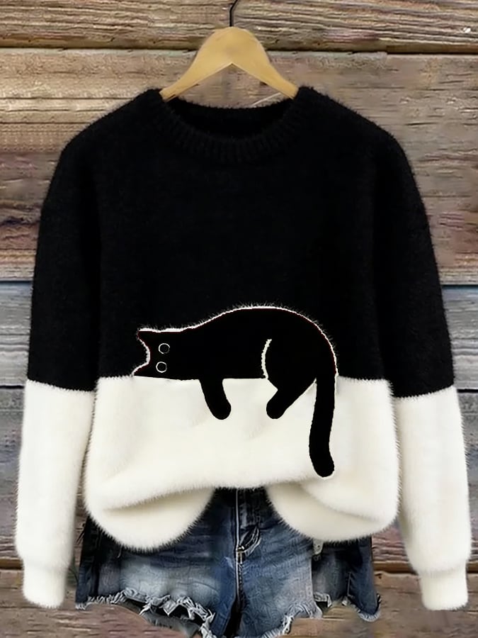 Oversized trui voor dames met colorblock-design en kattenmotief