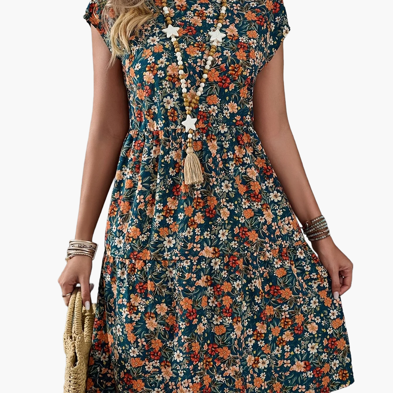 Damen Sommerkleid im Blumenmuster – Freizeit & Urlaub, Kurzarm, Knielang, A-Linie