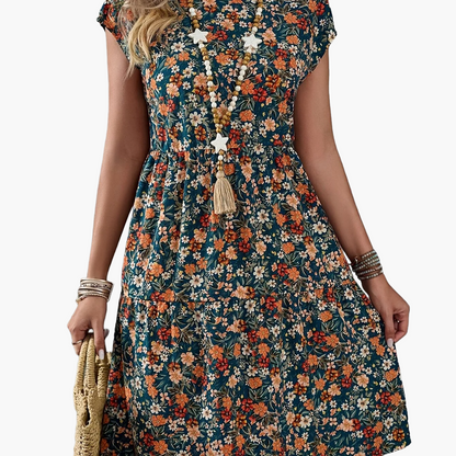 Damen Sommerkleid im Blumenmuster – Freizeit & Urlaub, Kurzarm, Knielang, A-Linie
