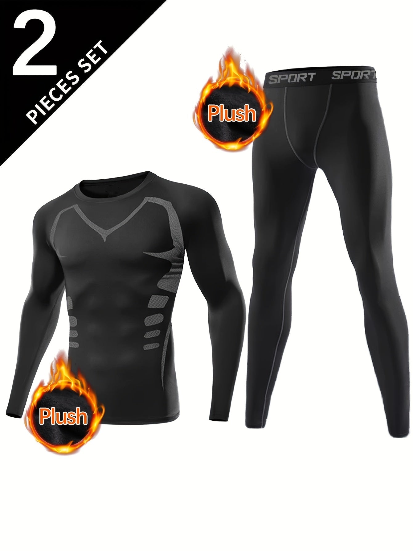 Herren Thermounterwäsche Set Schwarz Langarm Kompressionsshirt & Hose