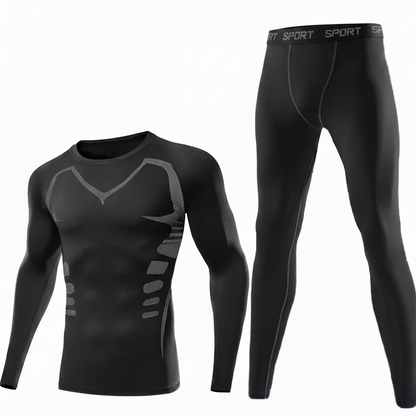 Herren Thermounterwäsche Set Schwarz Langarm Kompressionsshirt & Hose