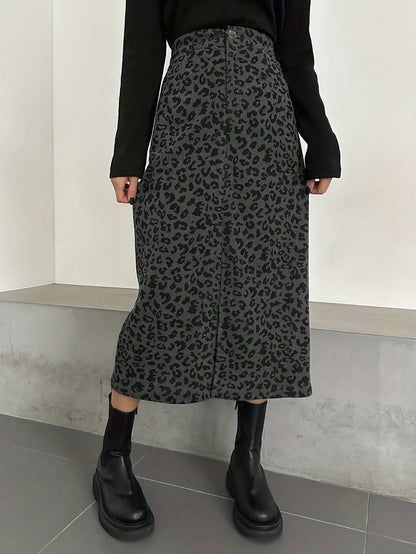 Gonna midi da donna con motivo leopardato e spacco