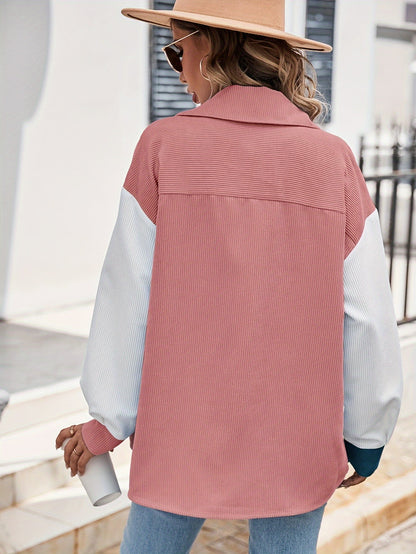 Cordhemdjacke Damen Oversized Colorblock Türkis Rosa Weiß