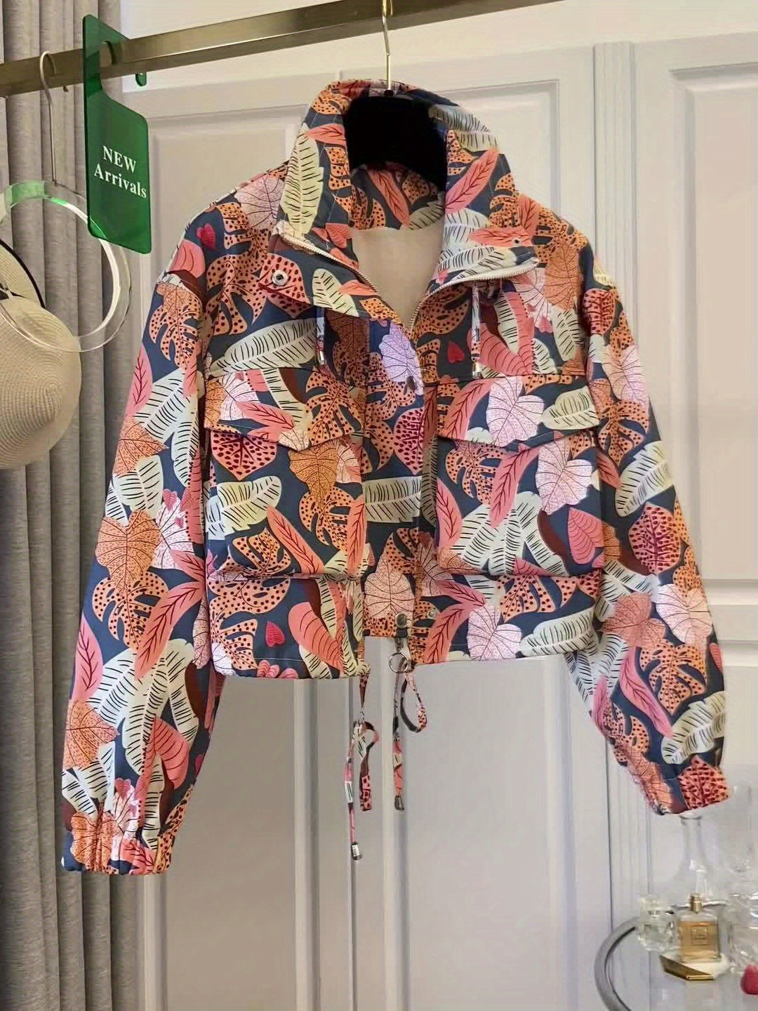 Damen Kurzjacke mit Reißverschluss und tropischem Blättermuster