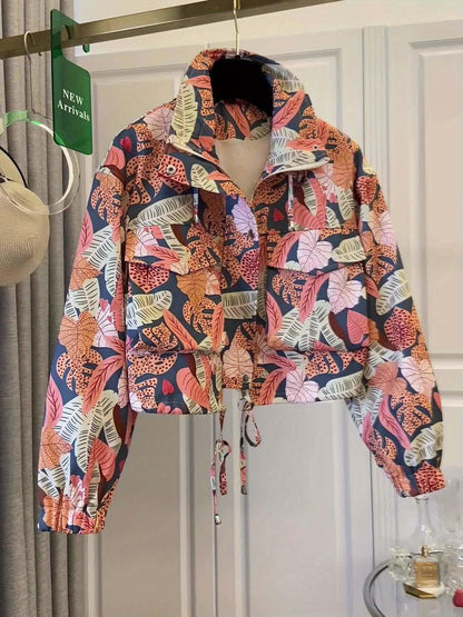 Damen Kurzjacke mit Reißverschluss und tropischem Blättermuster
