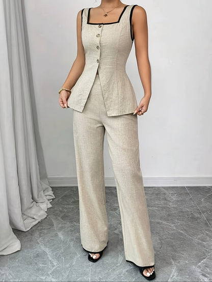 Damen Eleganter Zweiteiler Anzug mit Knopfleiste und weitem Bein – Perfekt für Büro & Alltag