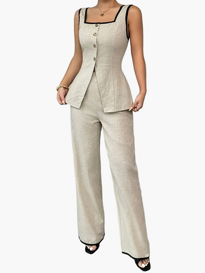 Damen Eleganter Zweiteiler Anzug mit Knopfleiste und weitem Bein – Perfekt für Büro & Alltag