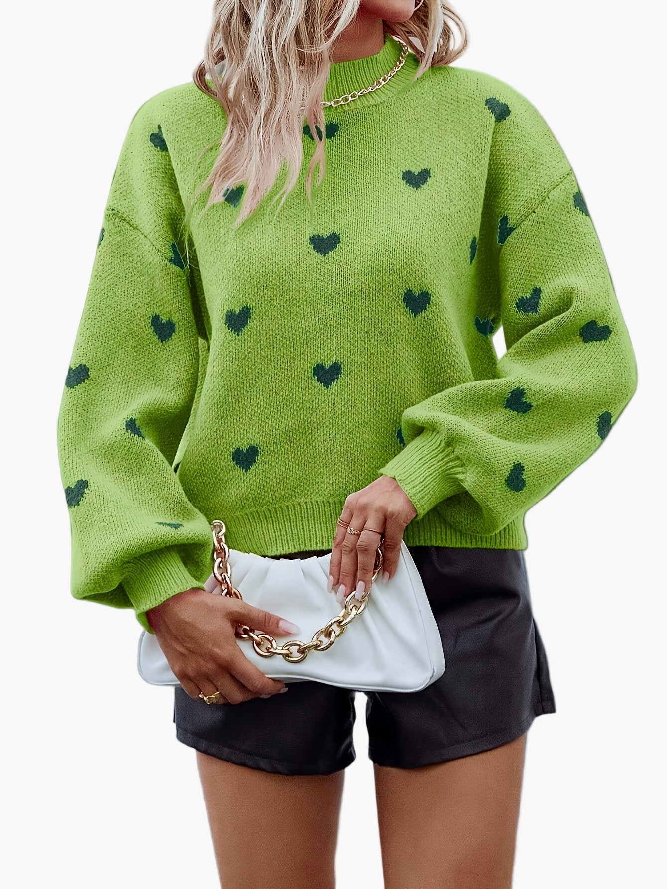 Maglione da donna con motivo a cuori, alla moda e casual, ideale per autunno e inverno