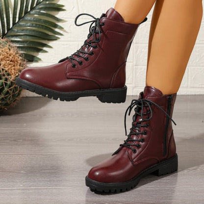 Botines de cordones para mujer, color burdeos, con cremallera y suela dentada