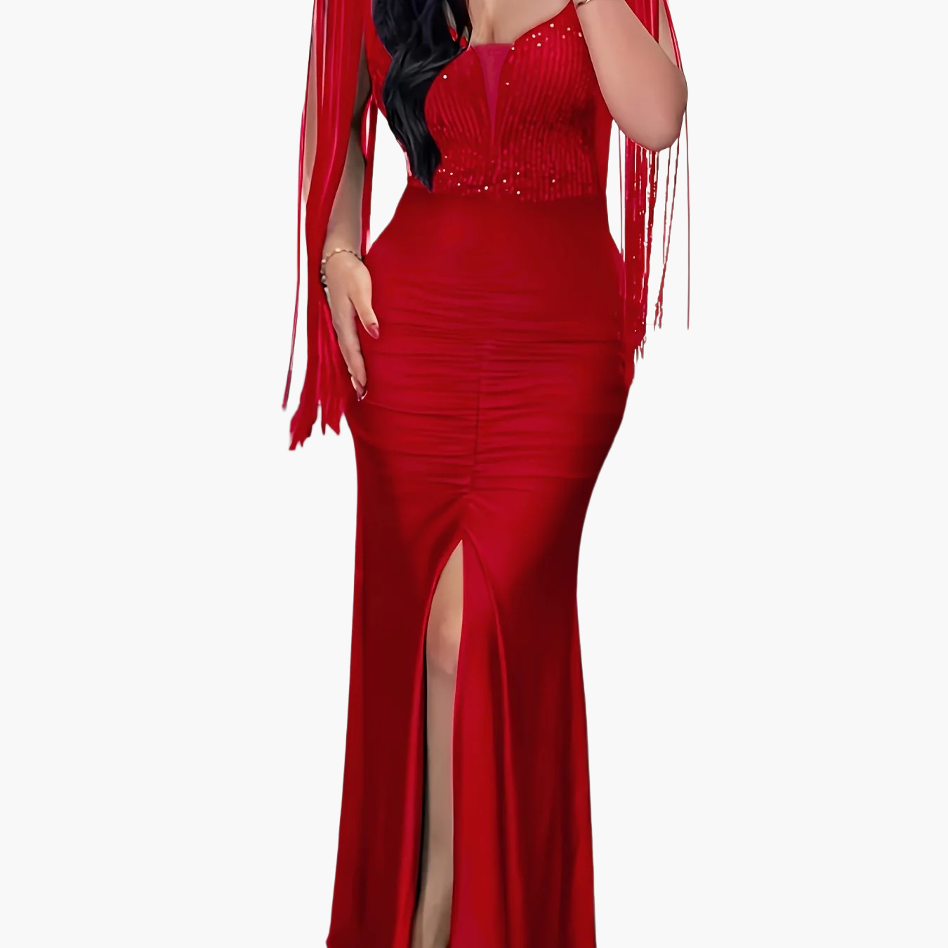 Vestido de noche elegante para mujer, ajustado, con flecos y abertura – Perfecto para ocasiones especiales