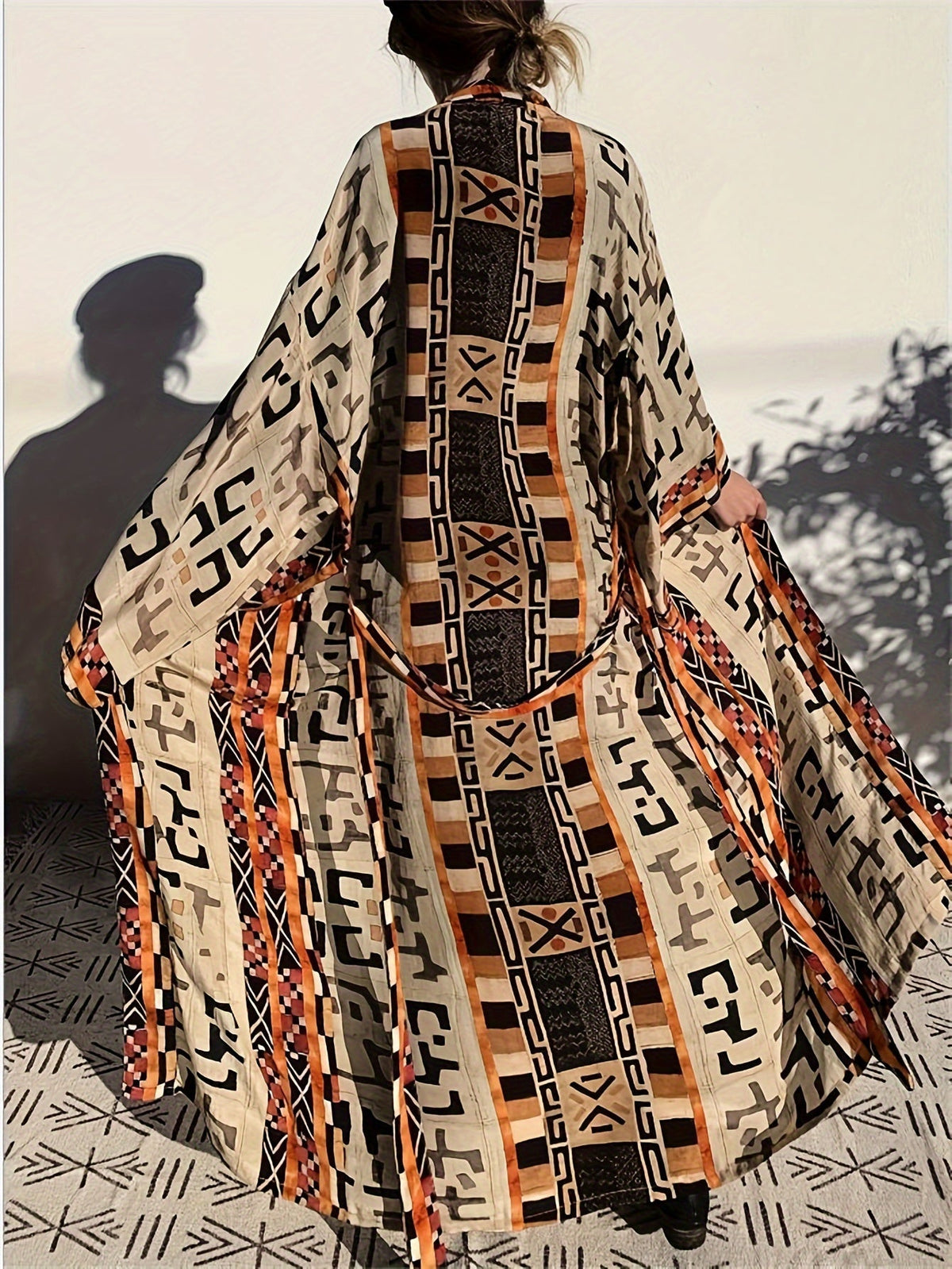 Damen Boho Kimono Lang mit Ethno-Muster – Eleganter Langer Mantel für Strand und Alltag