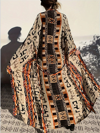 Damen Boho Kimono Lang mit Ethno-Muster – Eleganter Langer Mantel für Strand und Alltag