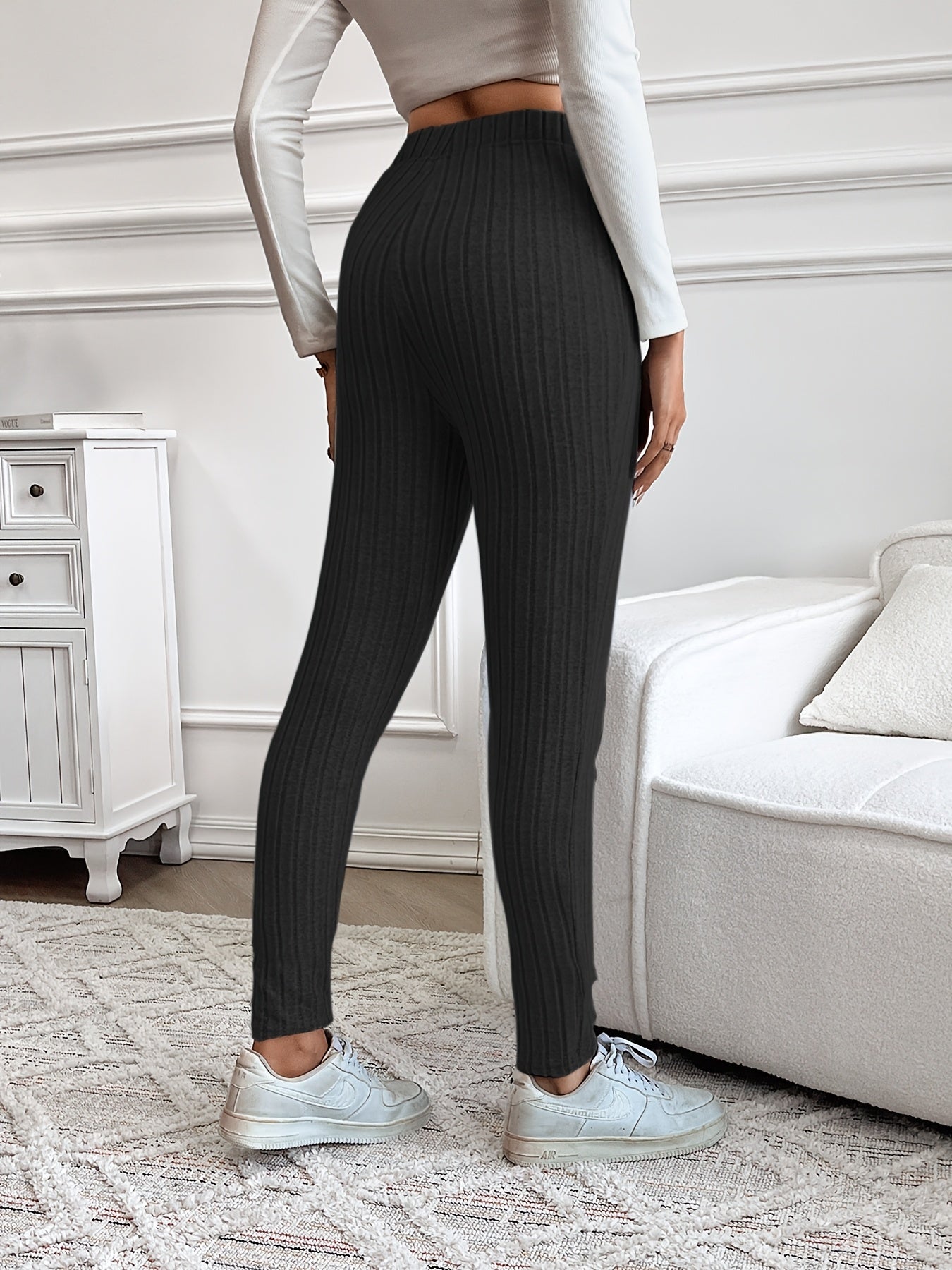 Damen Gerippte Strickhose mit Kordelzug Hoher Bund Braun