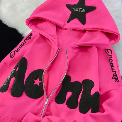 Hoodie mit Reißverschluss, Kapuze und Stern-Applikation, Rosa