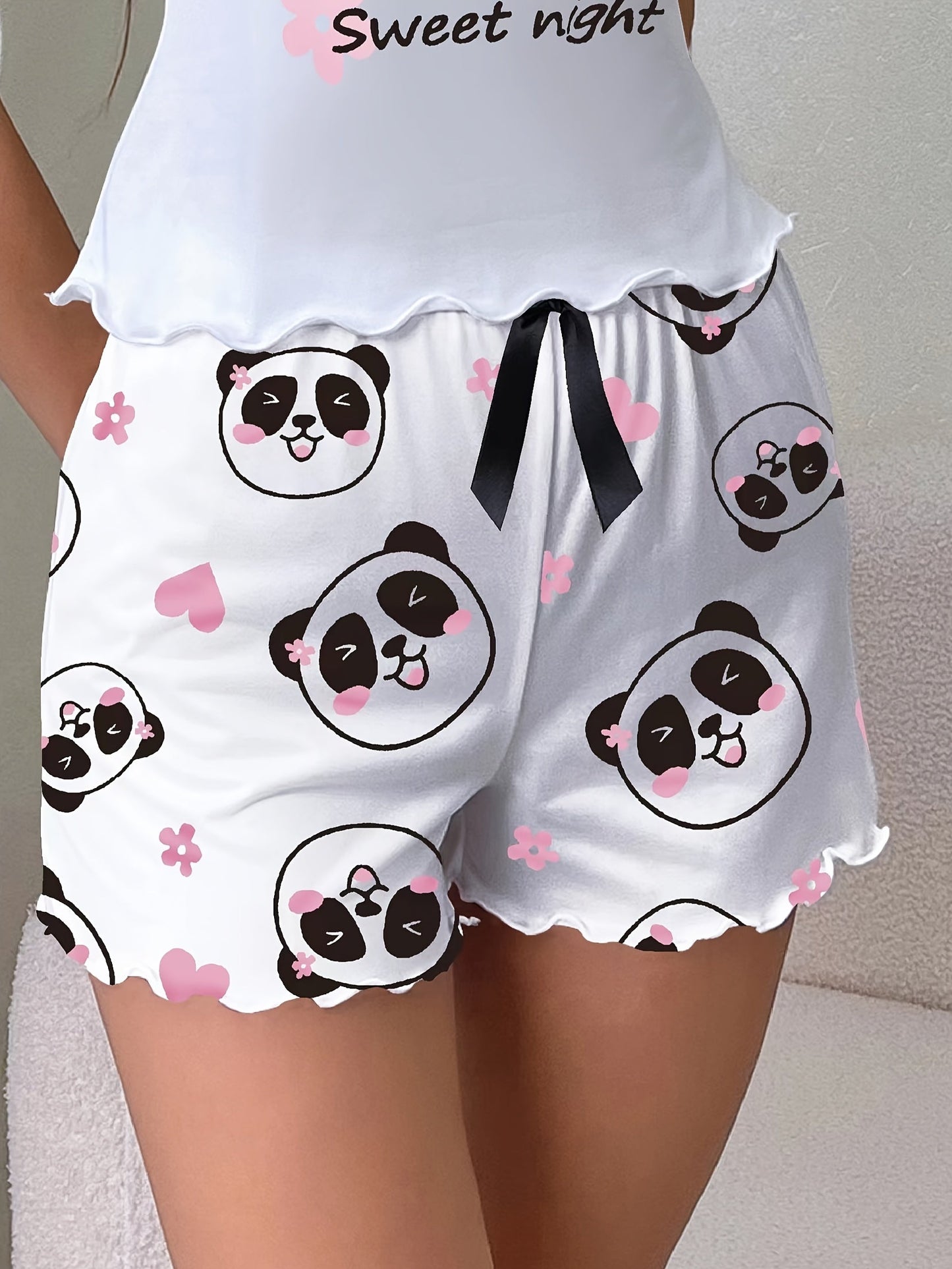 Dame sove-shorts med panda-mønster og sløjfe – Søde pyjamasshorts til forår og sommer