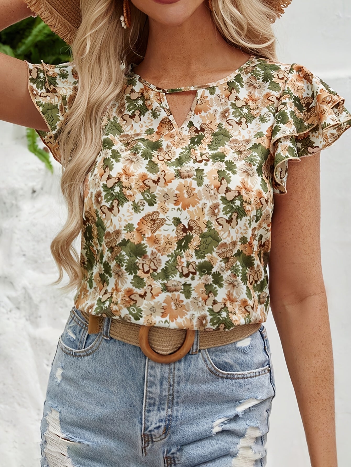 Blusa estiva da donna con motivo floreale e maniche a volant – Stile casual elegante per tutti i giorni e vacanze