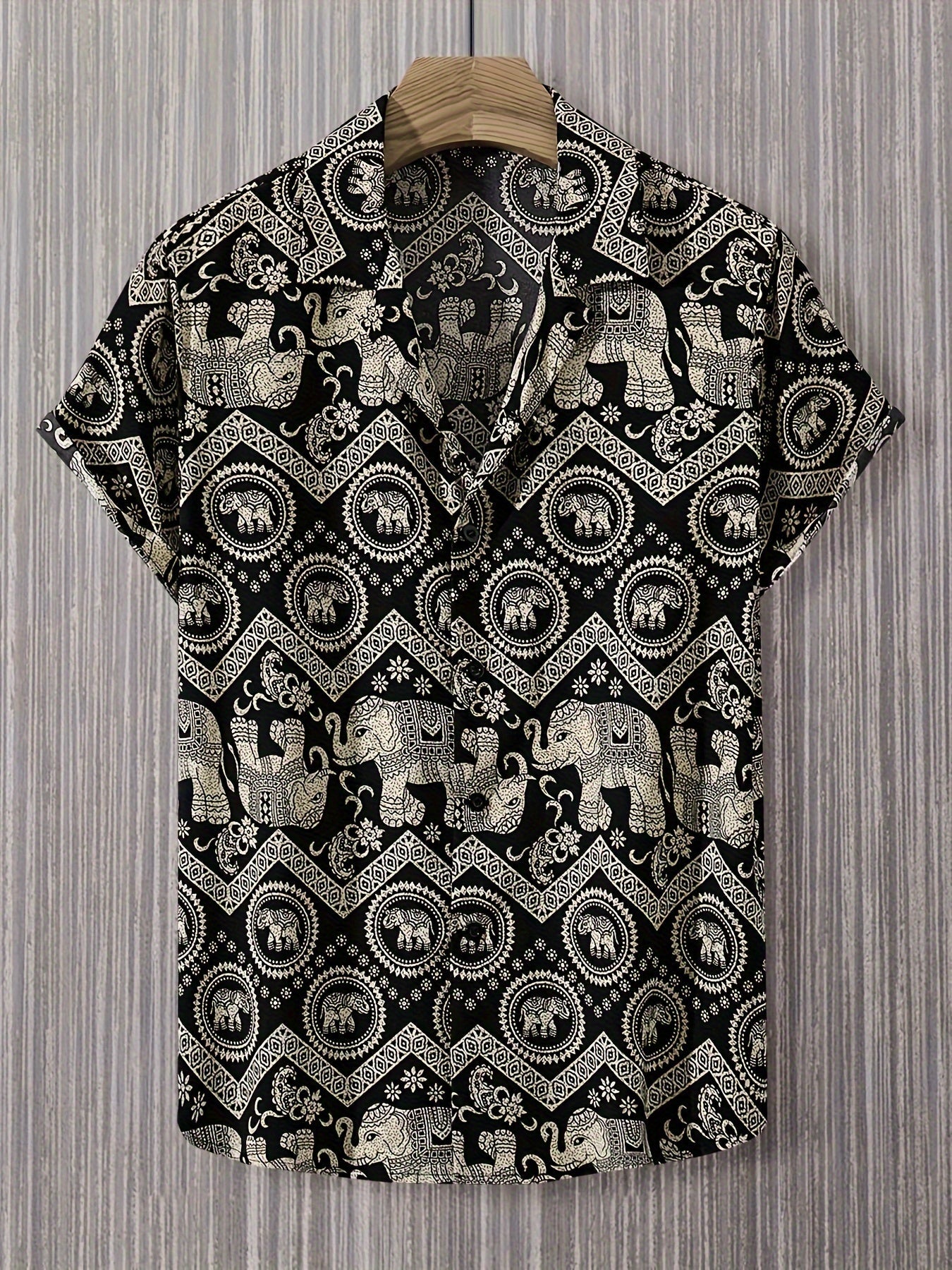 Chemise de villégiature pour homme avec imprimé éléphants et mandalas, manches courtes, chemise décontractée moderne