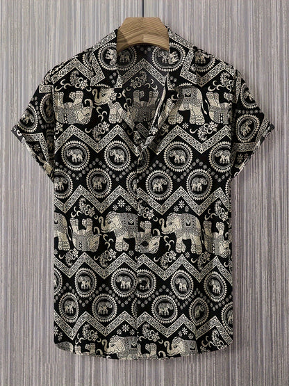 Chemise de villégiature pour homme avec imprimé éléphants et mandalas, manches courtes, chemise décontractée moderne
