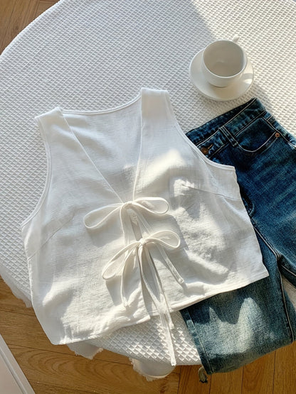 Gilet sans manches pour femme avec détail nœud et encolure en V – couche d'été à la mode pour les loisirs et les vacances