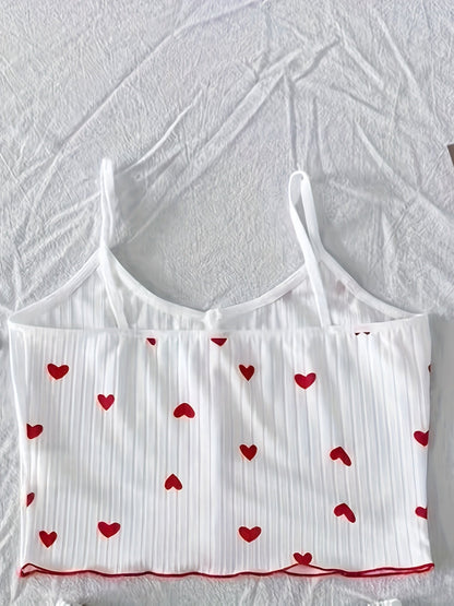 Dame pyjamasæt med hjerteprint og sløjfer – To-delt sommernatsæt, sexet stil