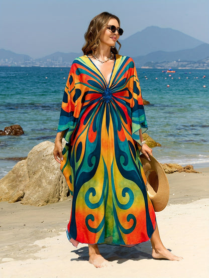 Dame Boho Maxi-kaftan til strand og ferie – Elegant batikprint, sommer cover-up