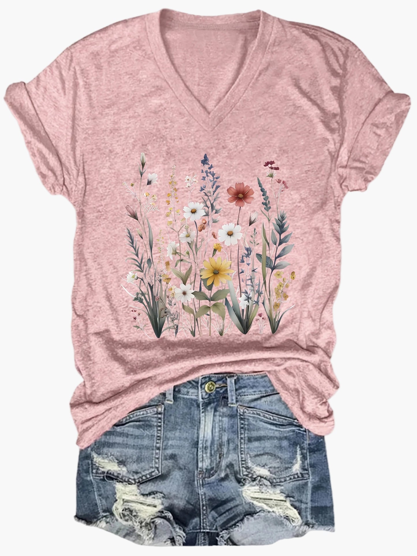 Dame T-skjorte med V-hals og blomsterprint – Løs sommer fritidsskjorte