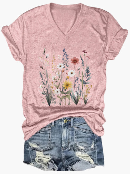 Dame T-skjorte med V-hals og blomsterprint – Løs sommer fritidsskjorte