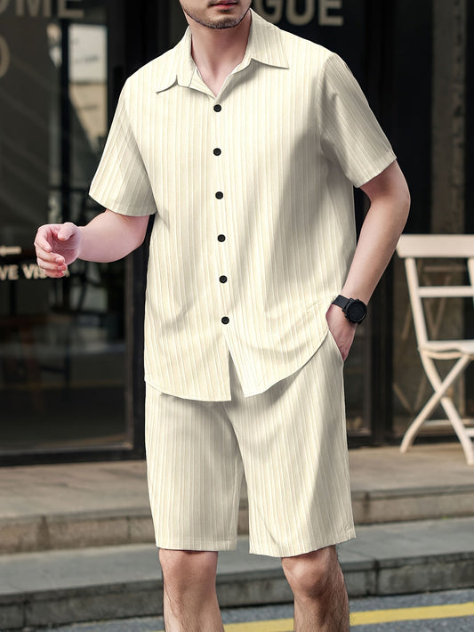 Heren Vrijetijds Tweedelig Set – Korte Mouwen Overhemd en Shorts, Zomer Streetwear, Stijlvolle Knopenrij, Ideaal voor Dagelijks Gebruik & Vakantie