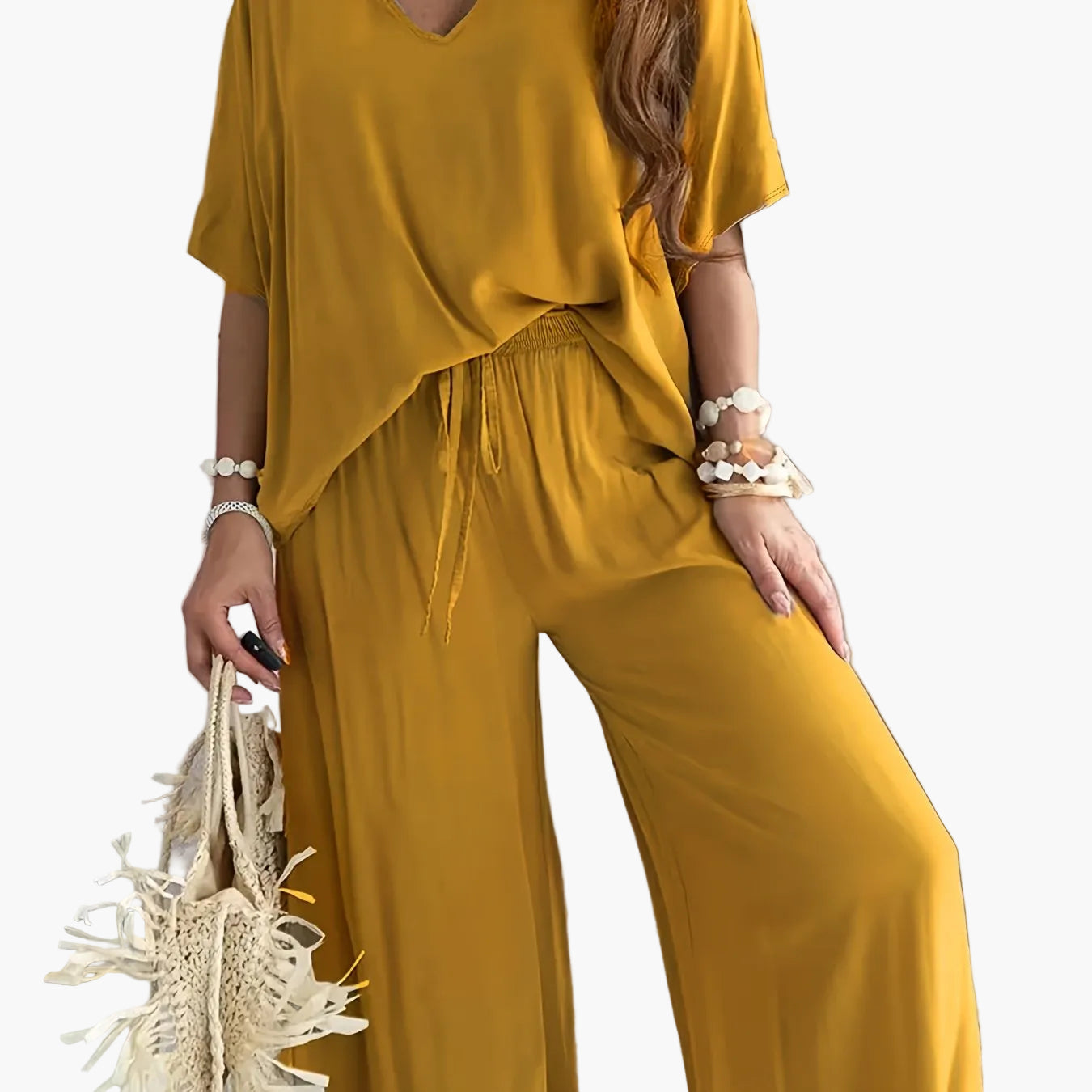 Damen Jumpsuit mit weitem Bein und V-Ausschnitt – Eleganter Freizeit Overall für Frühling und Sommer