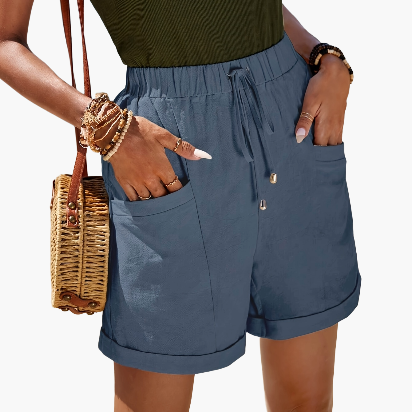 Dame sommershorts med høj talje og snøre – Elegant fritidslook til strand og hverdag