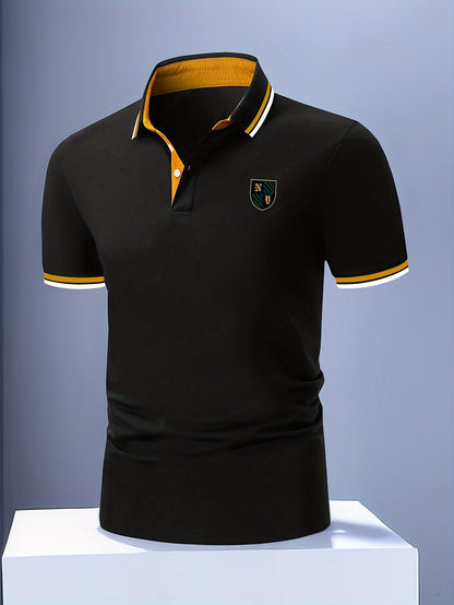 Polo para hombre estilo casual universitario con detalles en contraste y bordado – manga corta para uso diario y tiempo libre