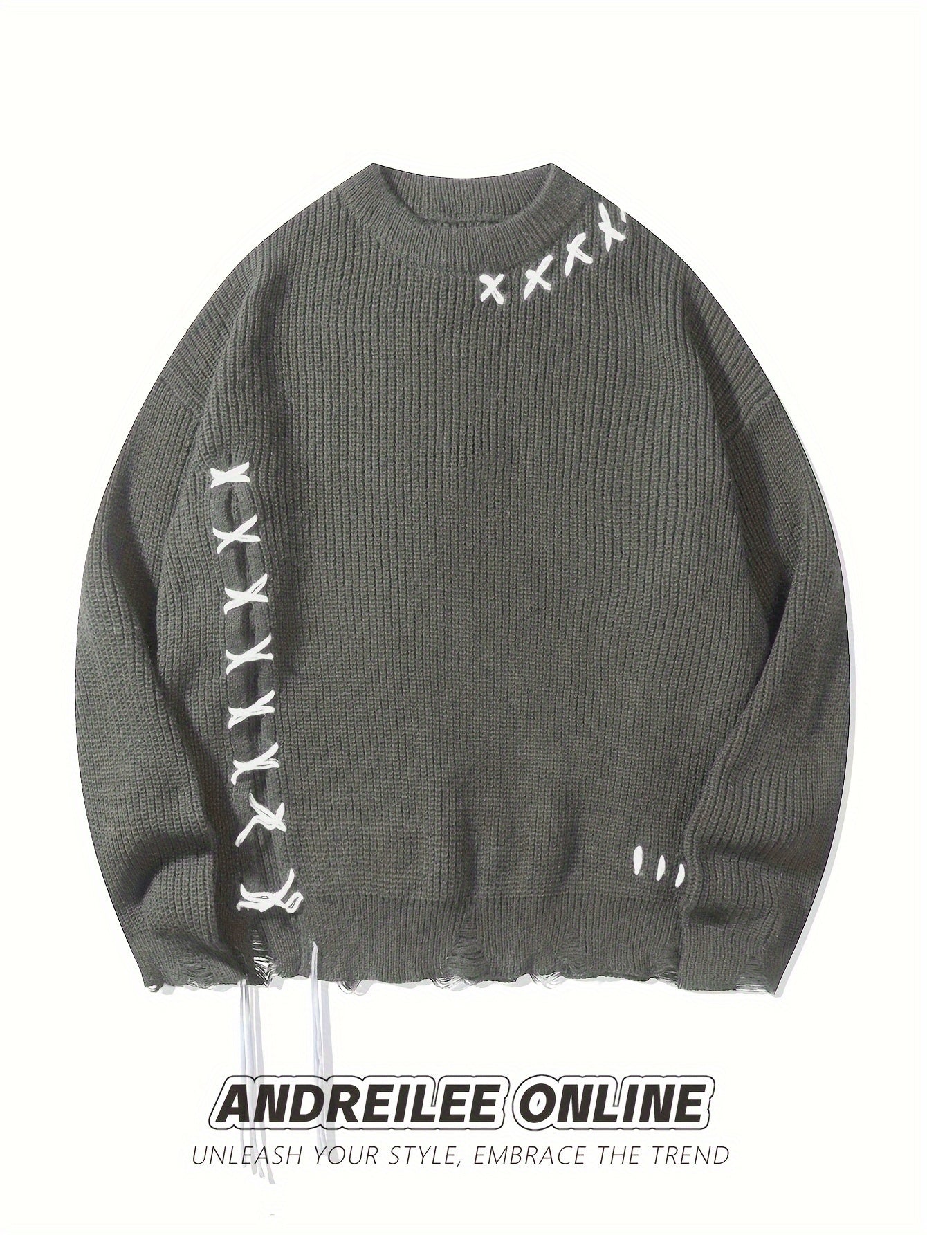 Unisex Strickpullover mit Kreuzstich-Detail und zerrissenem Saum