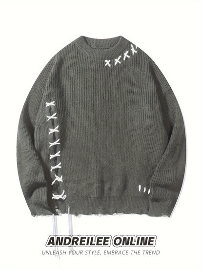 Unisex Strickpullover mit Kreuzstich-Detail und zerrissenem Saum