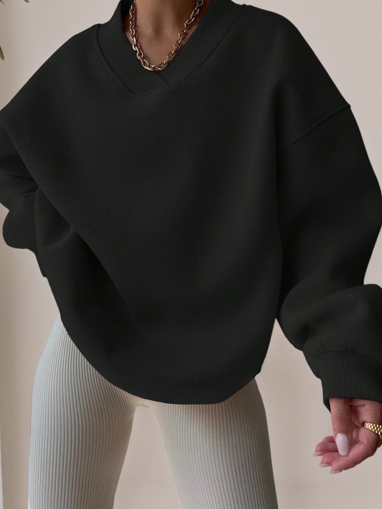 Schwarzer Oversized Pullover Damen V-Ausschnitt Freizeit