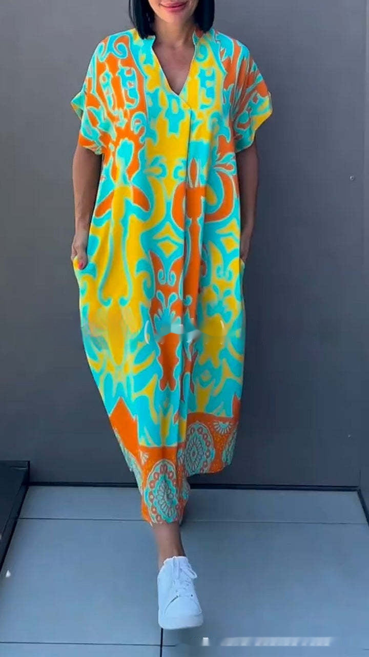 Dames Kaftan Maxijurk met V-hals en modern print – Perfect voor dagelijks gebruik & vakantie