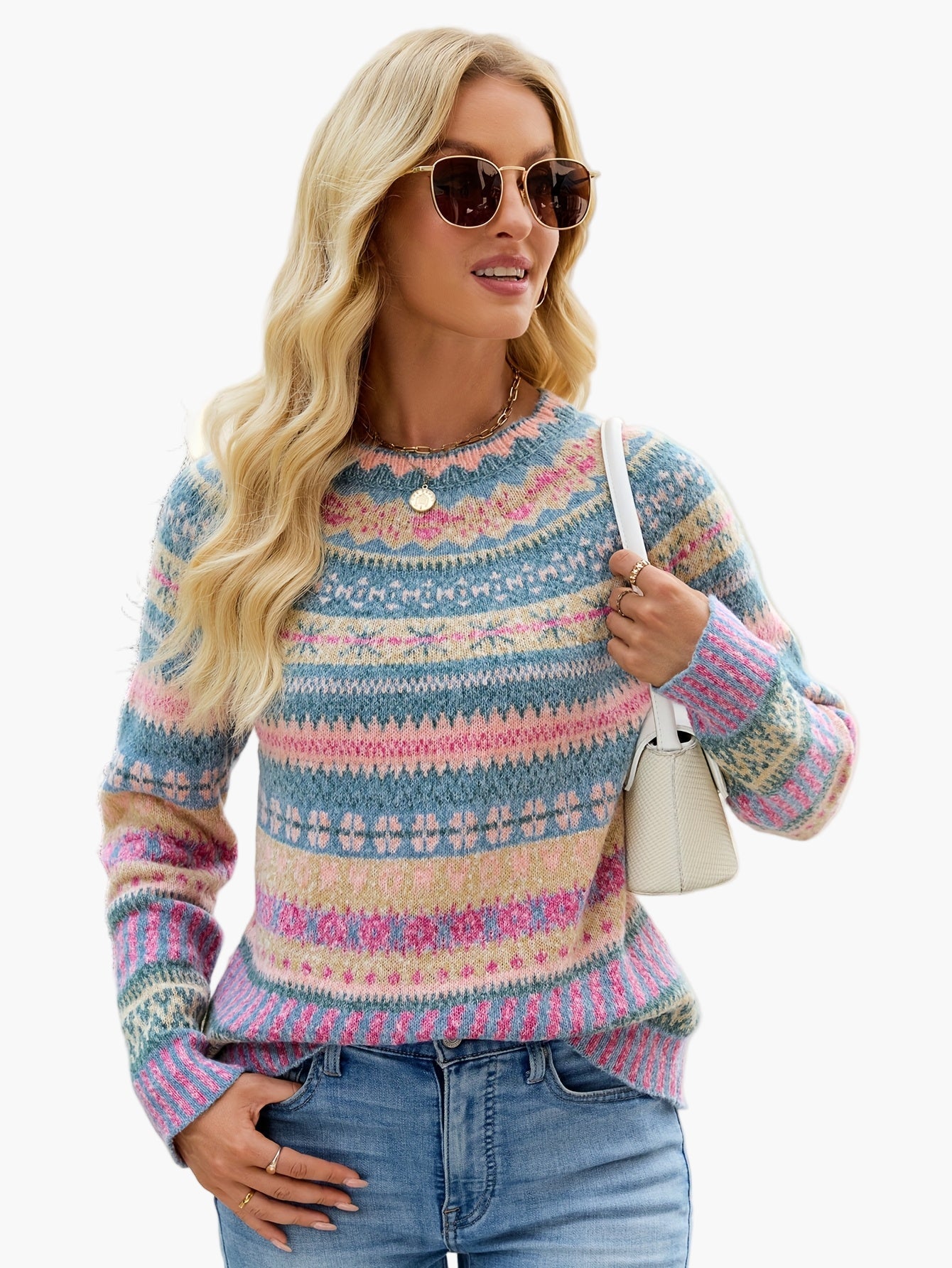 Maglione da donna in stile norvegese con scollo rotondo – Maglione alla moda per autunno e inverno