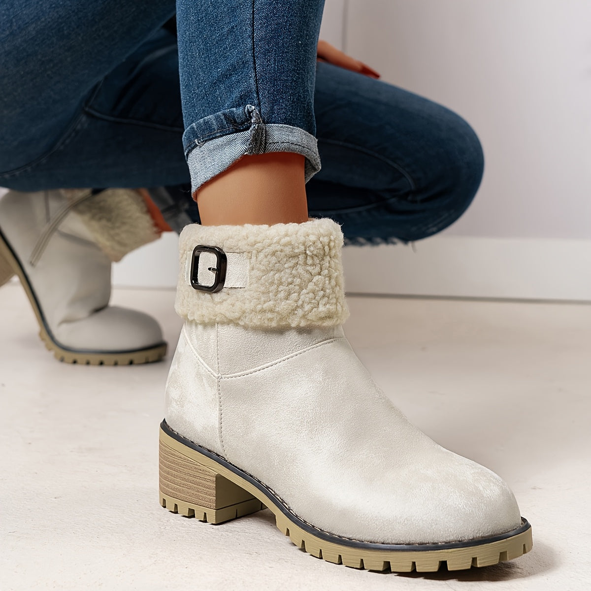 Damen Stiefeletten mit Blockabsatz, Plüschrand und Schnalle, Braun