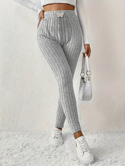 Leggings da donna a coste con vita alta e dettaglio a farfalla