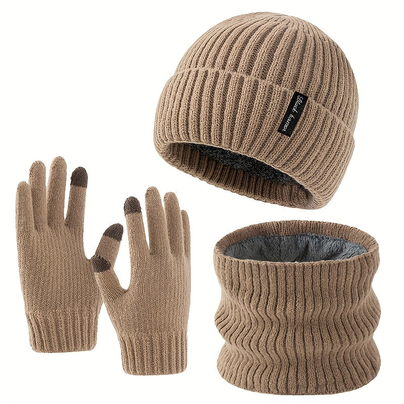 Winterset muts sjaal handschoenen ribbreisel fleecevoering, zwart