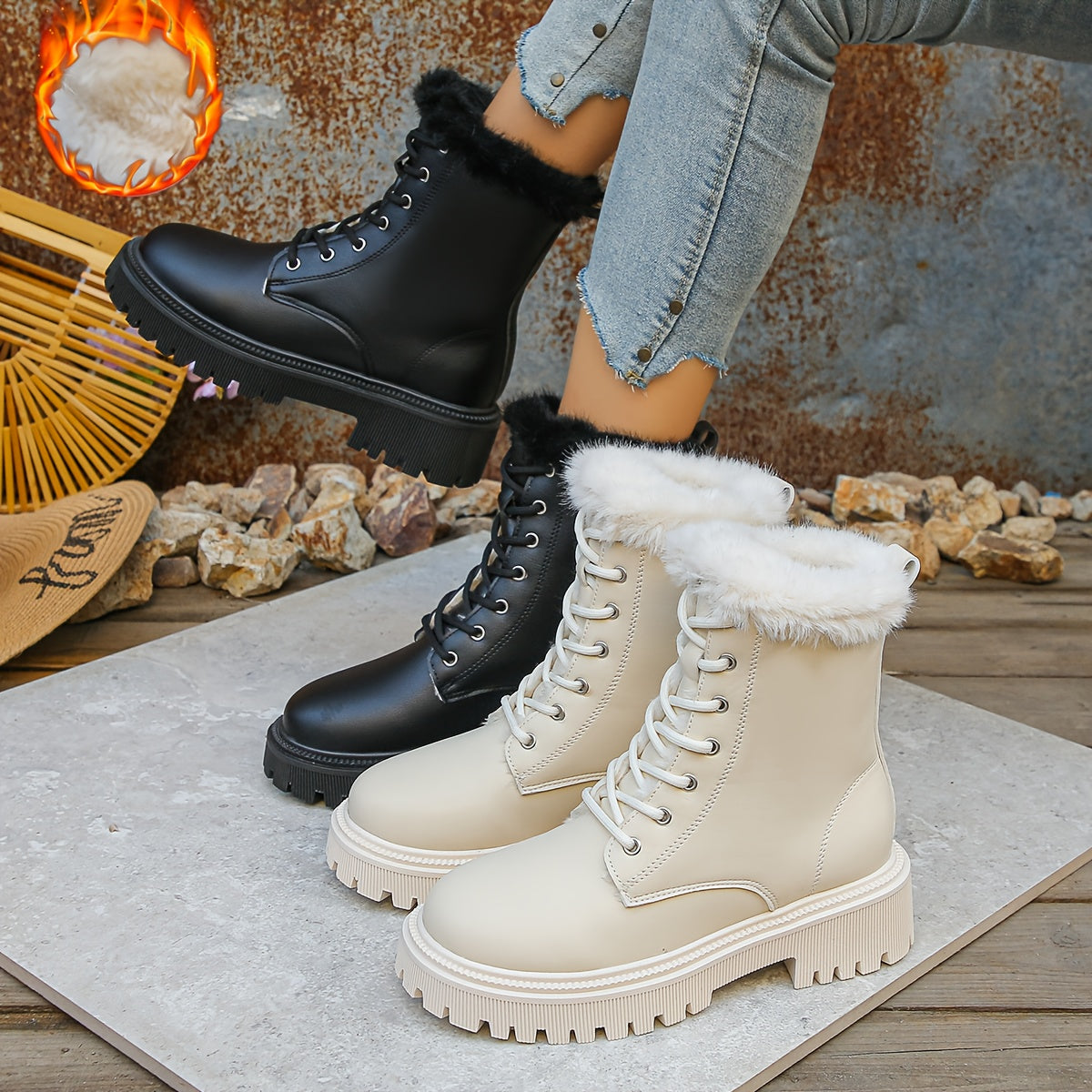 Damen Worker Boots mit Fellfutter & klobiger Sohle – Schnürstiefelette