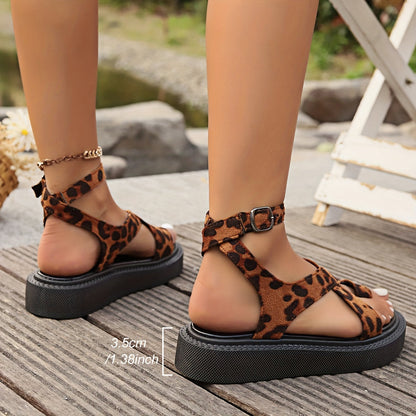 Sandali con plateau da donna in fantasia leopardata – Sandali estivi alla moda con fibbia
